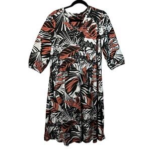 Olsen Coastal Black White Floral Midi Dress V Neck Tiered Hem 3 4 Sleeve Size L